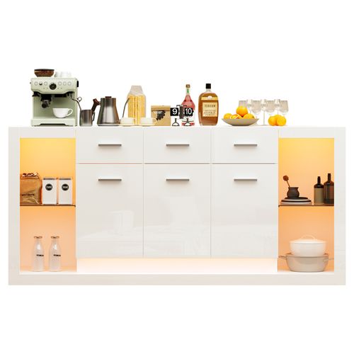 Buffet Blanc LED 160 Cm Avec Étagères Réglables, Rangements, 3 Tiroirs Et 3 Portes - Salon/cuisine