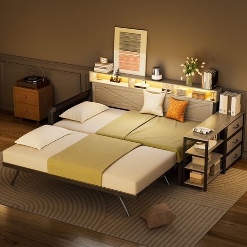 Lit Enfant LED 90x200 Cm + Lit Gigogne 90x190 Cm Avec 3 Tiroirs, Rangement Et USB/type-c, Métal Noir