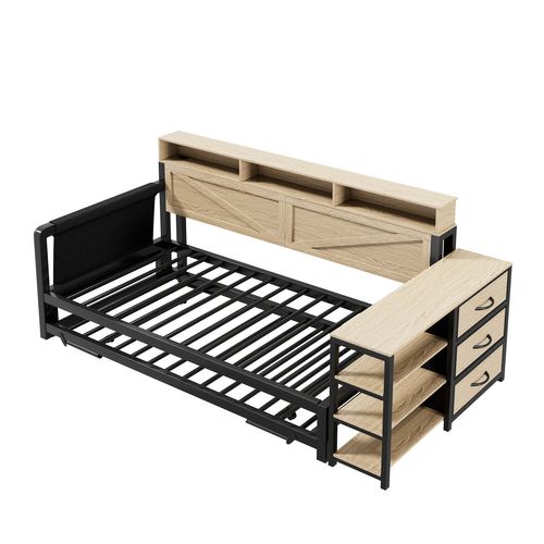 Lit Enfant LED 90x200 Cm + Lit Gigogne 90x190 Cm Avec 3 Tiroirs, Rangement Et USB/type-c, Métal Noir