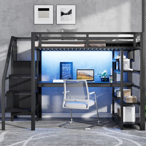Lit Mezzanine Adulte 140x200 Cm LED, Bureau Intégré, Ports USB, Rangements, Métal Noir