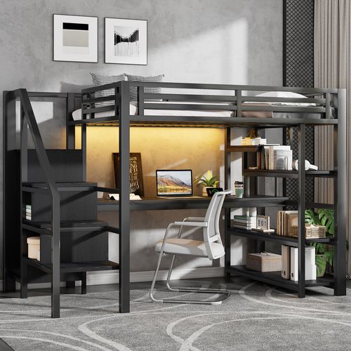 Lit Mezzanine Adulte 140x200 Cm LED, Bureau Intégré, Ports USB, Rangements, Métal Noir