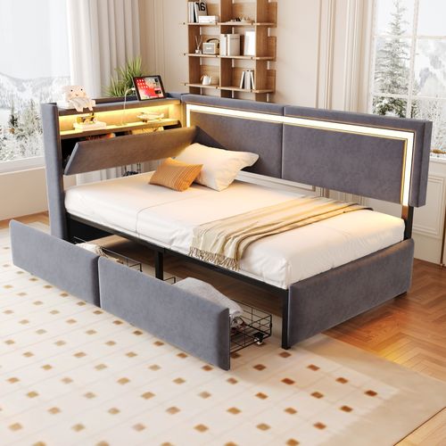 Lit Enfant 90x200 Cm Velours Gris Avec LED, Ports USB Et 2 Tiroirs De Rangement