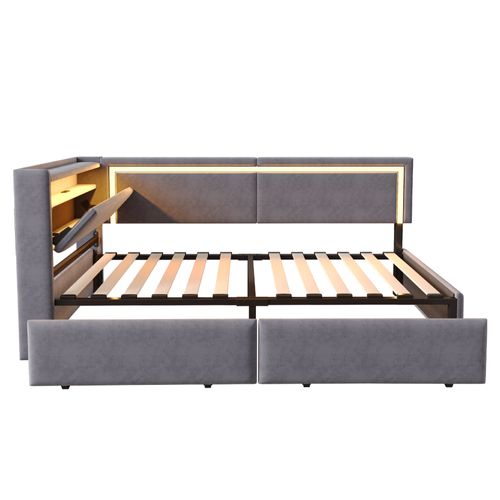 Lit Enfant 90x200 Cm Velours Gris Avec LED, Ports USB Et 2 Tiroirs De Rangement