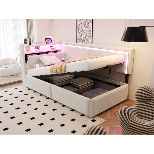 Lit Enfant LED 90x200 Cm Velours Beige Avec Ports USB, Coffre Rangements, Sommier à Lattes