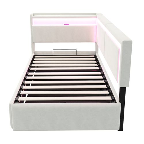 Lit Enfant LED 90x200 Cm Velours Beige Avec Ports USB, Coffre Rangements, Sommier à Lattes