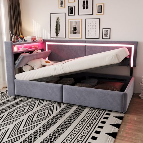 Lit Coffre 90x200 Cm Avec Rangement, LED Et Ports USB, Sommier à Lattes, Velours Gris Clair