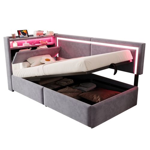 Lit Coffre 90x200 Cm Avec Rangement, LED Et Ports USB, Sommier à Lattes, Velours Gris Clair