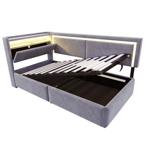Lit Coffre 90x200 Cm Avec Rangement, LED Et Ports USB, Sommier à Lattes, Velours Gris Clair