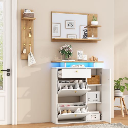 Vestiaire D’entrée Blanc 3 Pièces Avec LED, Miroir, Meuble à Chaussures, Étagères, 4 Crochets