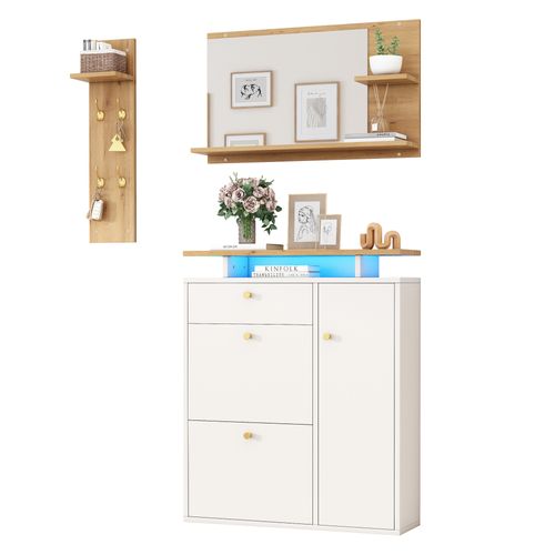 Vestiaire D’entrée Blanc 3 Pièces Avec LED, Miroir, Meuble à Chaussures, Étagères, 4 Crochets