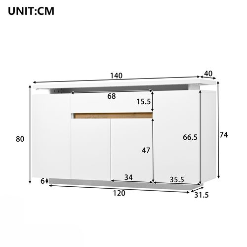 Buffet Blanc LED 140x40x80 Cm Avec Tiroir, 4 Portes, Rangement Pour Salon/cuisine