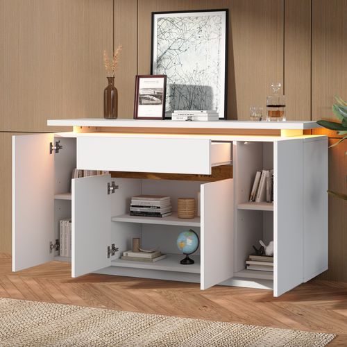 Buffet Blanc LED 140x40x80 Cm Avec Tiroir, 4 Portes, Rangement Pour Salon/cuisine