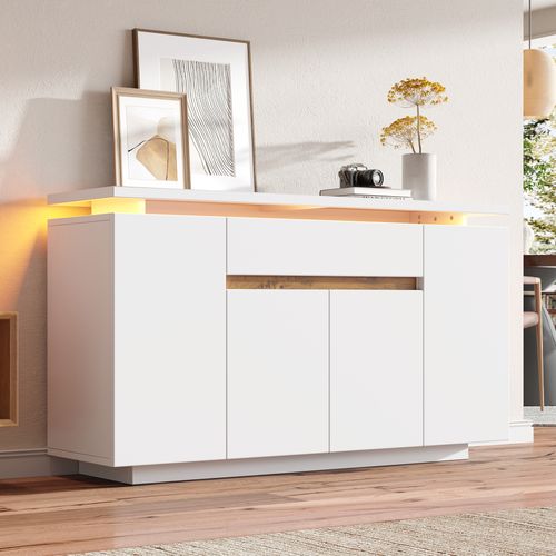 Buffet Blanc LED 140x40x80 Cm Avec Tiroir, 4 Portes, Rangement Pour Salon/cuisine