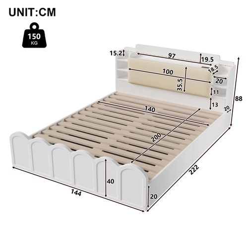Lit Coffre 140x200 Cm Blanc Rangement Hydraulique Avec LED, USB Type-c Et Sommier