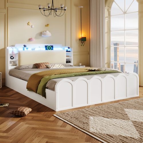 Lit Coffre 140x200 Cm Blanc Rangement Hydraulique Avec LED, USB Type-c Et Sommier