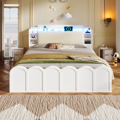 Lit Coffre 140x200 Cm Blanc Rangement Hydraulique Avec LED, USB Type-c Et Sommier