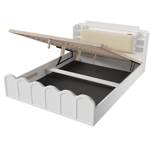 Lit Coffre 140x200 Cm Blanc Rangement Hydraulique Avec LED, USB Type-c Et Sommier