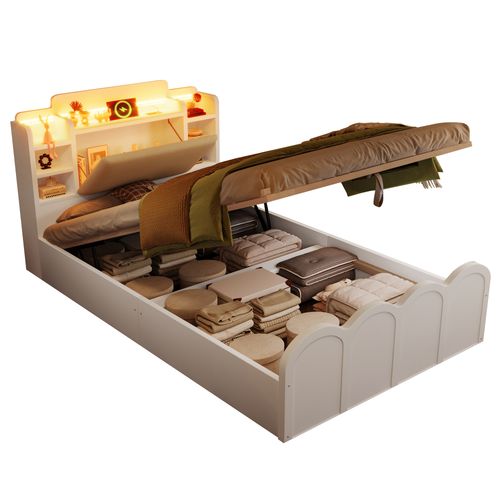 Lit Enfant 90x200 Cm Blanc Avec Coffre, Tête à Rangement, LED, Ports USB/type-c