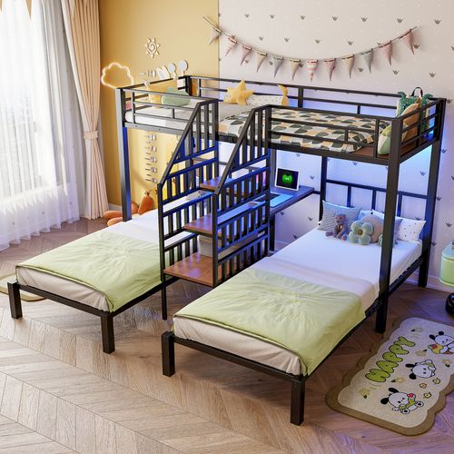 Lit Superposé Enfant 90x200 Cm 3 Couchages Avec Bureau Intégré, LED, Ports USB, Métal Noir