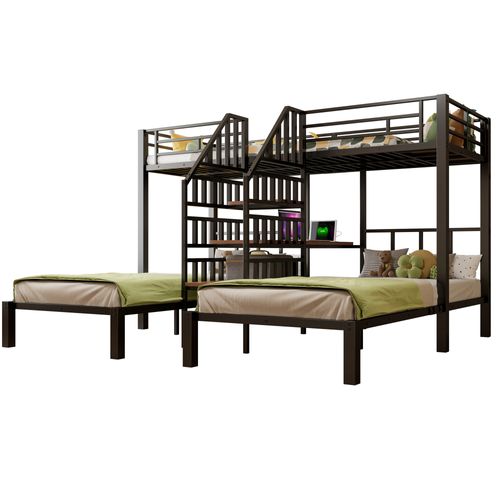 Lit Superposé Enfant 90x200 Cm 3 Couchages Avec Bureau Intégré, LED, Ports USB, Métal Noir