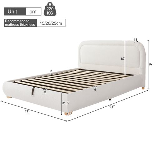 Lit Adulte 160x200 Cm En Tissu Bouclé Blanc Avec Coffre, Rangements Et Sommier à Lattes