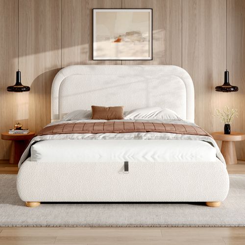 Lit Adulte 160x200 Cm En Tissu Bouclé Blanc Avec Coffre, Rangements Et Sommier à Lattes