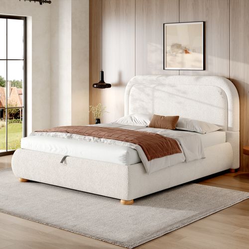 Lit Adulte 160x200 Cm En Tissu Bouclé Blanc Avec Coffre, Rangements Et Sommier à Lattes