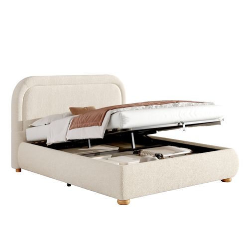 Lit Coffre 140x190 Cm Tissu Bouclé Beige Avec Rangements Hydraulique, Sommier à Lattes