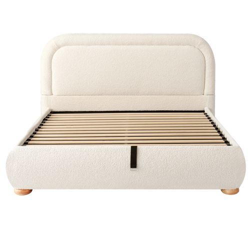 Lit Coffre 140x190 Cm Tissu Bouclé Beige Avec Rangements Hydraulique, Sommier à Lattes