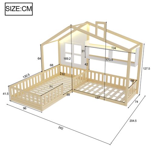 Lit Cabane Enfant LED 90x200 Cm Avec Étagères, Bois Naturel Et Blanc, Sommier à Lattes