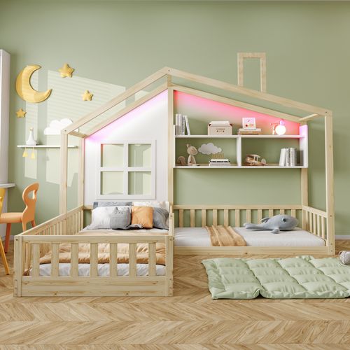 Lit Cabane Enfant LED 90x200 Cm Avec Étagères, Bois Naturel Et Blanc, Sommier à Lattes