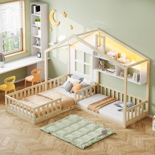 Lit Cabane Enfant LED 90x200 Cm Avec Étagères, Bois Naturel Et Blanc, Sommier à Lattes