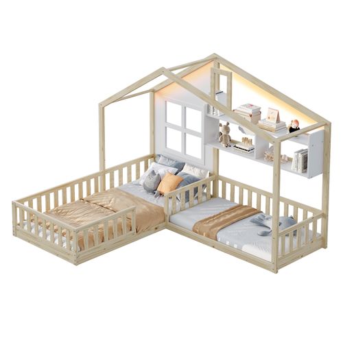 Lit Cabane Enfant LED 90x200 Cm Avec Étagères, Bois Naturel Et Blanc, Sommier à Lattes