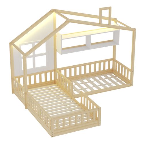 Lit Cabane Enfant LED 90x200 Cm Avec Étagères, Bois Naturel Et Blanc, Sommier à Lattes