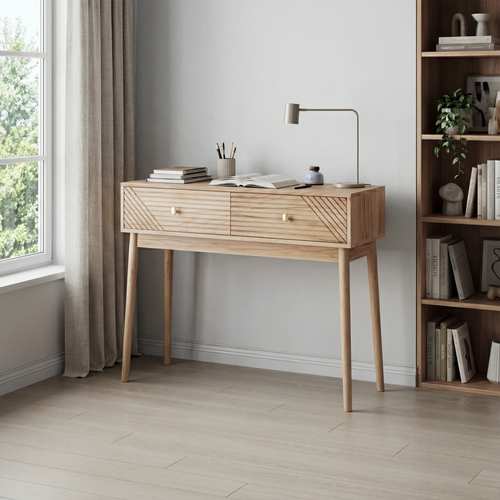 Bureau Chambre Vintage Bois Chêne, Table Console Avec 2 Tiroirs Style Mid-century