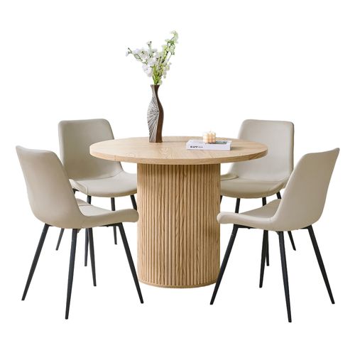 Ensemble Table à Manger Ronde 100 Cm Bois Naturel Avec 4 Chaises Pu Gris Chaud