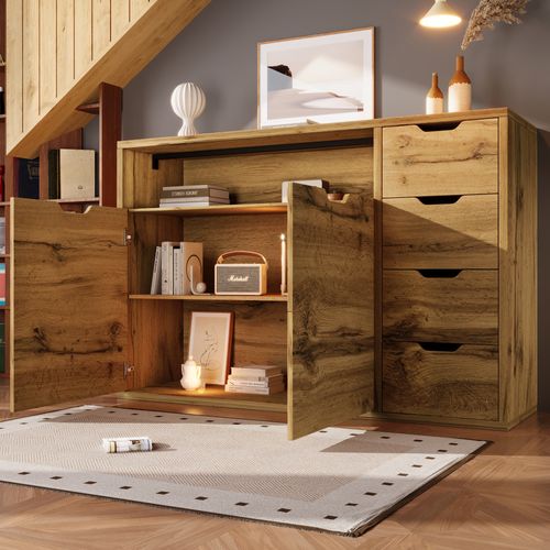 Buffet 150x40x90 Cm Bois Coloris Chêne Avec Niche Ouverte, 2 Portes Et 4 Tiroirs
