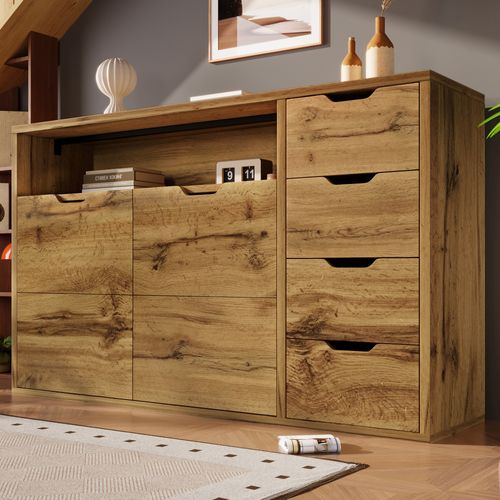 Buffet 150x40x90 Cm Bois Coloris Chêne Avec Niche Ouverte, 2 Portes Et 4 Tiroirs