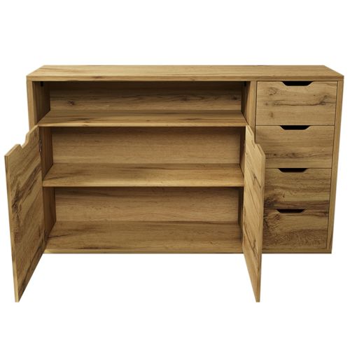 Buffet 150x40x90 Cm Bois Coloris Chêne Avec Niche Ouverte, 2 Portes Et 4 Tiroirs