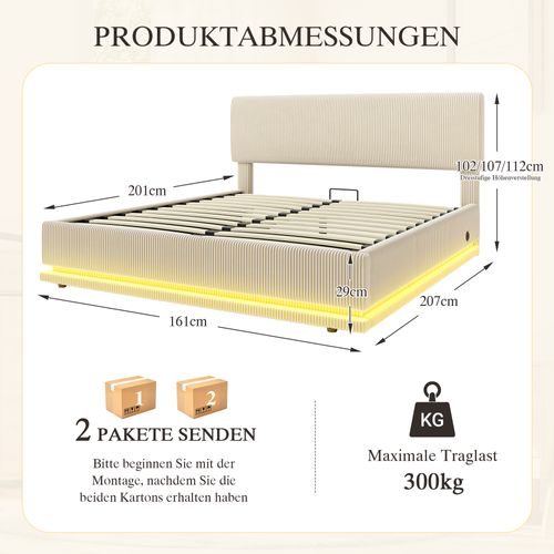 Lit Adulte 160x200 Cm LED Avec Coffre, Ports USB-c, Tête De Lit Réglable, Tissu Côtelé Beige