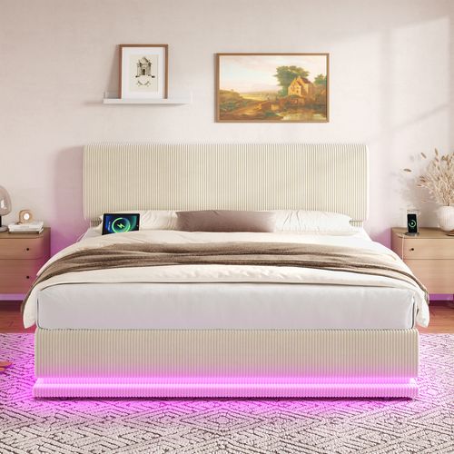 Lit Adulte 160x200 Cm LED Avec Coffre, Ports USB-c, Tête De Lit Réglable, Tissu Côtelé Beige