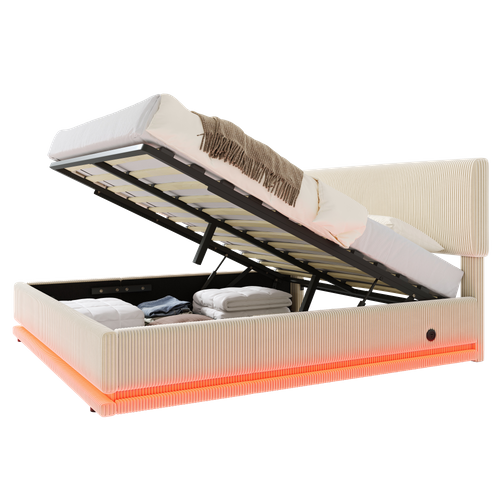 Lit Adulte 160x200 Cm LED Avec Coffre, Ports USB-c, Tête De Lit Réglable, Tissu Côtelé Beige