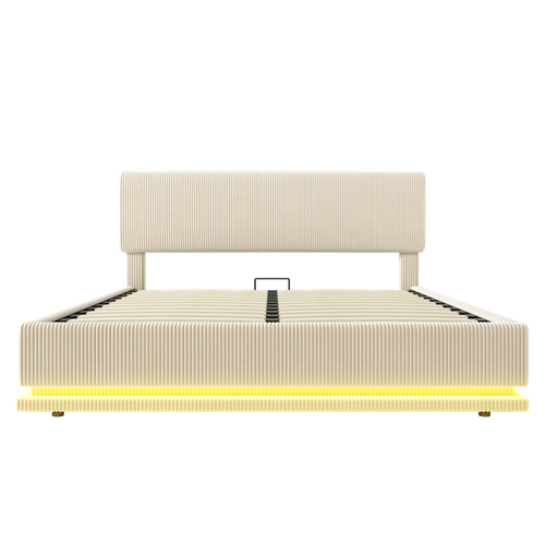 Lit Adulte 160x200 Cm LED Avec Coffre, Ports USB-c, Tête De Lit Réglable, Tissu Côtelé Beige