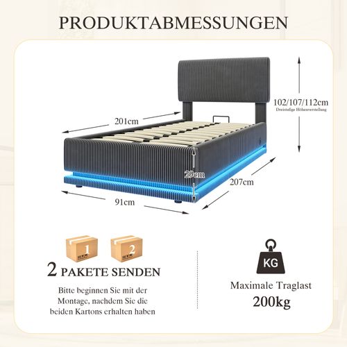 Lit Enfant 90x200 Cm Avec Coffre De Rangement, LED Et Ports USB, Velours Côtelé Gris Foncé