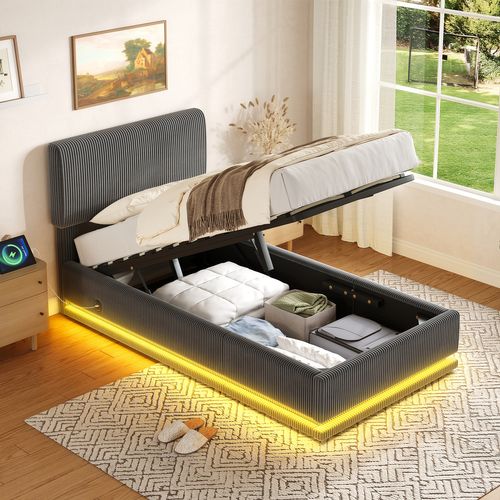 Lit Enfant 90x200 Cm Avec Coffre De Rangement, LED Et Ports USB, Velours Côtelé Gris Foncé