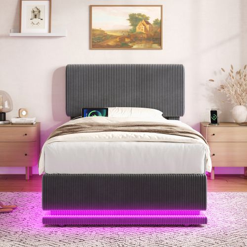 Lit Enfant 90x200 Cm Avec Coffre De Rangement, LED Et Ports USB, Velours Côtelé Gris Foncé