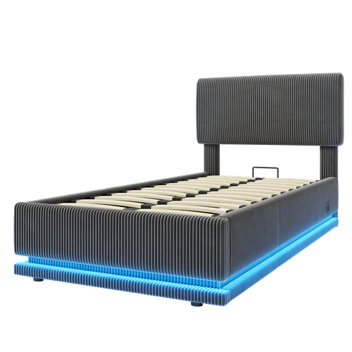 Lit Enfant 90x200 Cm Avec Coffre De Rangement, LED Et Ports USB, Velours Côtelé Gris Foncé