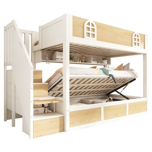 Lit Superposé Enfant 90x200 Cm Bois Blanc Et Naturel Avec Coffre, Rangement Et Sommier à Lattes