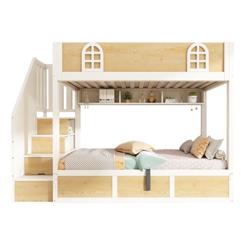 Lit Superposé Enfant 90x200 Cm Bois Blanc Et Naturel Avec Coffre, Rangement Et Sommier à Lattes
