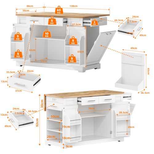 Desserte Blanche, Îlot De Cuisine Mobile 138x86 Cm Avec Plateau Bois Rabattable, Prises Et Roulettes